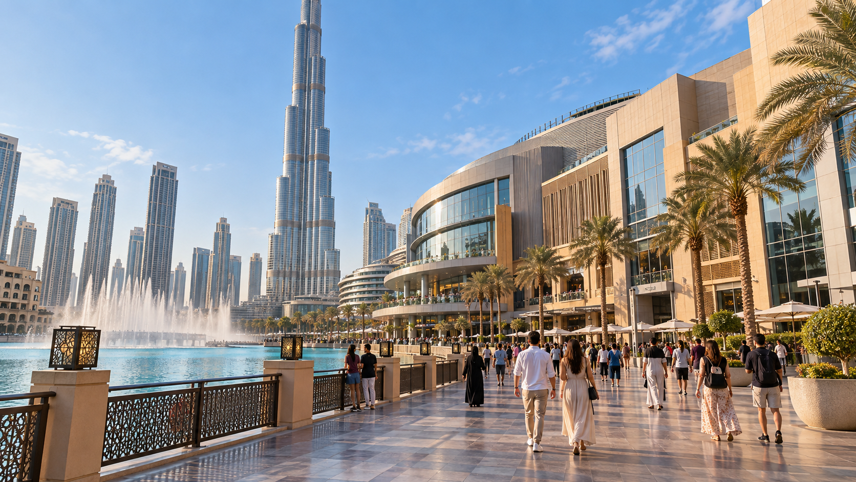 המחשה של הטיילת ליד Dubai Mall ובורג׳ חליפה